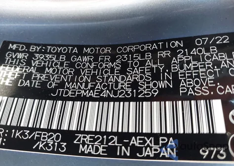 2022 Toyota Corolla Le from USA, damaged, VIN JTDEPMAE4NJ231259